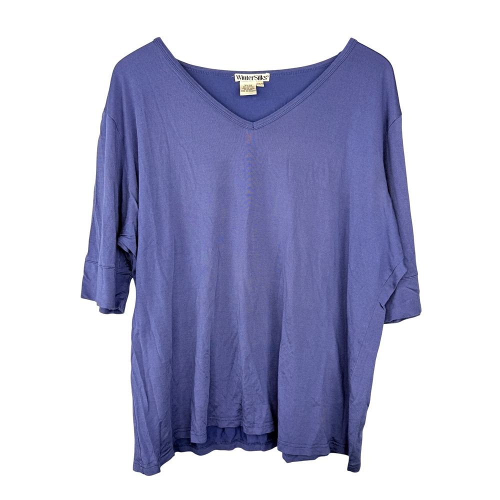 WinterSilks T-Shirt Women XXL/T Blue Silk Cotton Blend V-Neck 3/4‎ Sleeve Top